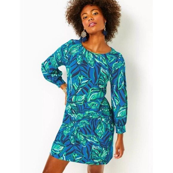 NWT Lilly Pulitzer Elianna Indigo Breeze 3/4 Sleeve T-Shirt Dress Cotton Small - Picture 3 of 16